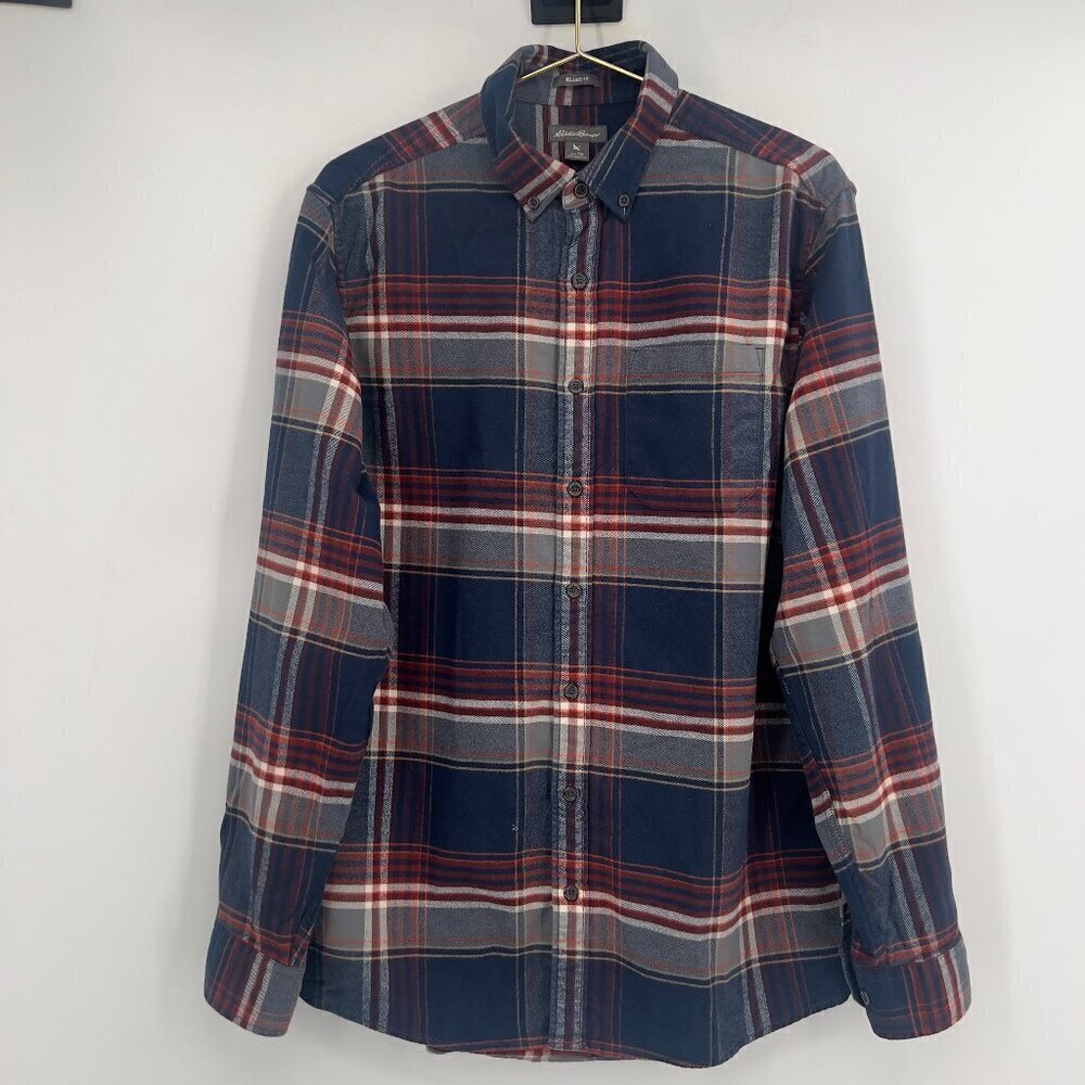 Eddie Bauer Men’s Relaxed Fit Flannel Size TM Red Blue Plaid Cotton Long Sleeve